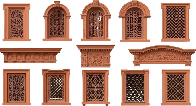 Indian stone window frame set with traditional carved lattice screen and decorative arch architectural design elements