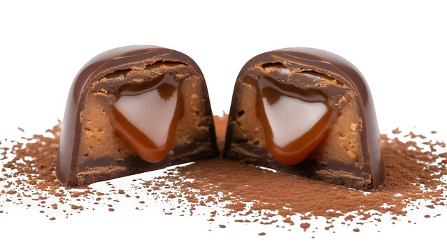Decadent gourmet chocolate bonbon, halved to reveal a luscious caramel center and cocoa powder, a perfect sweet indulgence, isolated on transparent background