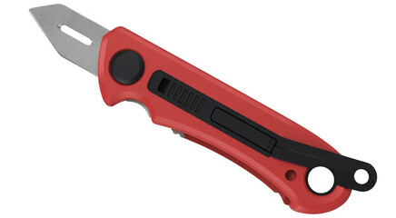 Fototapeta premium Red utility knife with black accents blade handle tool isolated on a transparent background