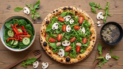 Freshly prepared pizza with side salad and seasonings