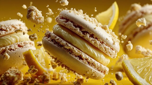 A highly detailed commercial food photograph featuring vibrant lemon macarons floating in the air, surrounded by exploding macaron crumbs and lemon slices.