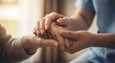 Close-up of a caregiver's hands gently holding an elderly person's hand, conveying compassion and care