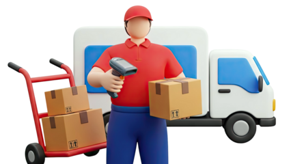 3D Delivery Person with Truck, Boxes, and Scanner