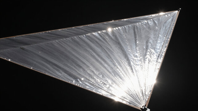 Close-up of a solar sail in space: a vast, shimmering reflective triangular wing catching sunlight
