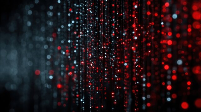 Abstract Digital Technology Background with Vertical Glowing Red and Blue Fiber Optic Light Trails and Shimmering Particles Representing Big Data Analytics, Cyber Security and Future Connectivity - Powered by Adobe