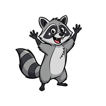 Cheerful cartoon raccoon waving with a friendly smile on white background