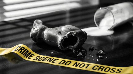 Funny crime scene concept with bitten chocolate Easter bunny, spilled milk and yellow police tape on black and white background