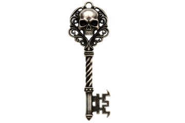 Gothic skeleton key with skull and thorny branches ornamentation isolated on transparent background