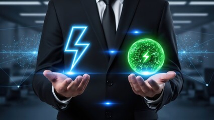 Man in suit holding green energy sphere and lightning bolt. Symbolizing clean power choices and sustainable technology.