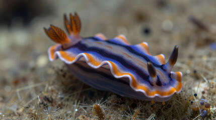 Macro shot of a neon-orange and deep-blue nudibranch gliding over a textured sponge, rhinophores and gills in sharp focus