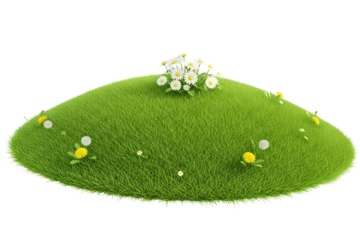 Small green grassy hill with white and yellow flowers isolated on transparent background