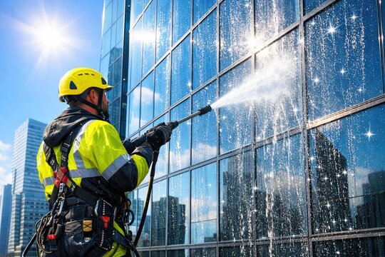 Industrial Window Cleaner Washing Glass Facade of Modern Building - Powered by Adobe