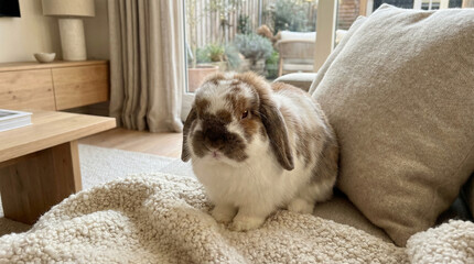 Domestic rabbit sitting on cozy blanket indoors near window  