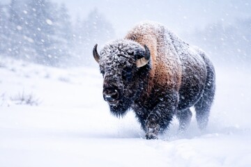 Majestic Wild Bison Walking Through Heavy Snowfall in a Cold Winter Landscape