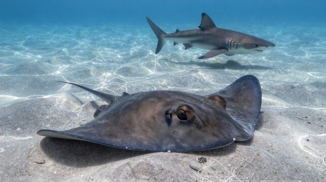 Sunlit shallow sea scene: a stingray buried in the sand with only its eyes and spiracles visible, while a small shark swims overhead