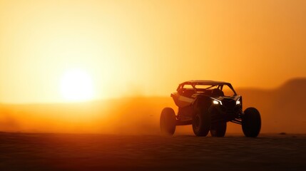 Off-Road Buggy Driving Through Desert at Sunset