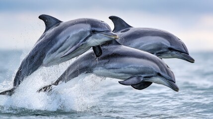 Obraz premium Three Dolphins Jumping Out of the Ocean Together