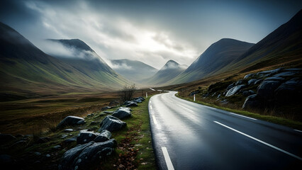 Winding wet road through dramatic misty mountain valley landscape under overcast sky