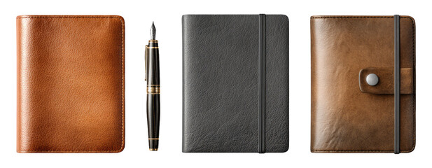 Elegant Desk Setup with Three Distinctive Leather Notebooks and a Pen