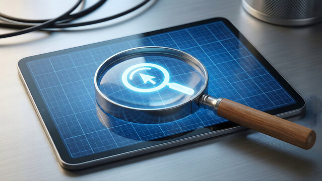 A magnifying glass rests on a digital tablet displaying a blue grid, highlighting a glowing search and cursor icon to represent data analysis, research, and discovery. - Powered by Adobe