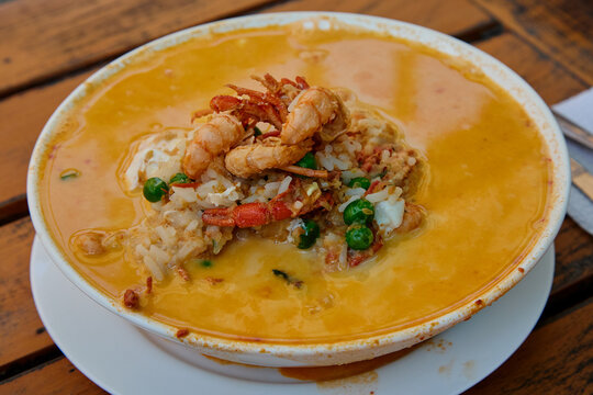 traditional Chupe de Camarones (Shrimp Chowder), specifically prepared in the Lunahuan&aacute; style, which utilizes fresh river shrimp from the Ca&ntilde;ete River. 