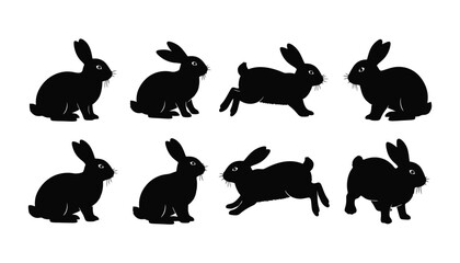 Collection of eight black rabbit silhouettes in various poses