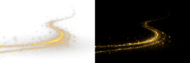 Golden curved light ribbon png with shine. Smooth gold twirl with glowing effect. Glowing golden swirl png for decoration.