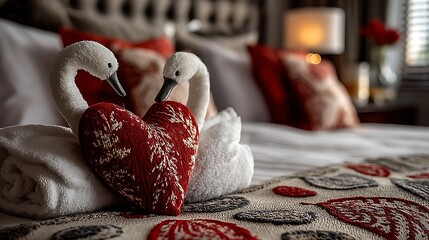 Towel swans forming heart shape on luxurious bed with decorative bedding, romantic getaway