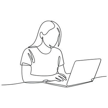 Minimalist line drawing of a woman working on a laptop computer