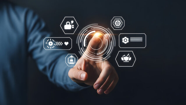 Businessman interacting with futuristic circular interface touching glowing digital screen surrounded by hexagons representing data technology - Powered by Adobe