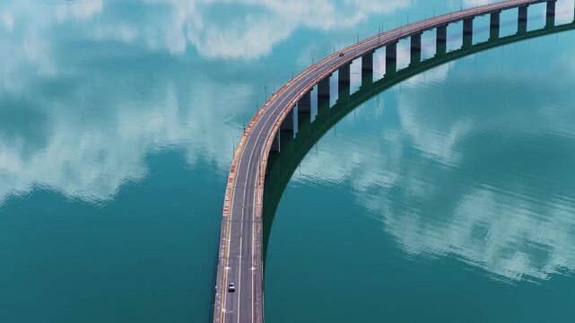Aerial view of Lake Polyfytos in Greece with a curved bridge,