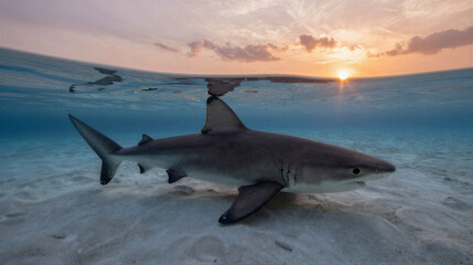 Naklejka premium Reef shark gliding over a shallow sandy flat at sunset, with the orange-pink sky reflected on the surface and its dorsal fin slicing through the water.