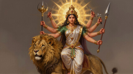 Fototapeta premium Durga riding a mighty lion: a multi-armed goddess with radiant halo, wielding sacred weapons in regal gold jewelry and sari