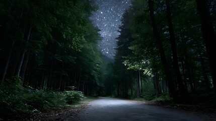A winding road through a dense dark forest at night with a breathtaking view of the vast star filled celestial sky above