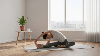 Serene young woman engaging in a deep stretch on a yoga mat within a sunlit room, promoting flexibility, inner calm, and a balanced lifestyle