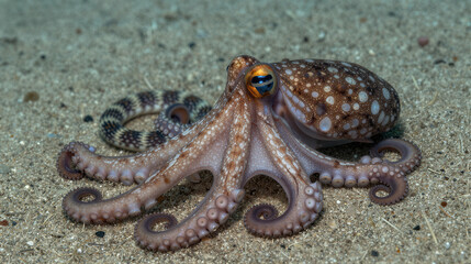 Obraz premium Macro portrait of a wonderpus octopus on a sandy seabed, displaying brown-and-white spots and long arms mimicking a sea snake