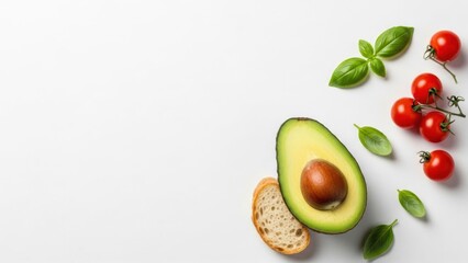 Fresh Ingredients for Healthy Meal Preparation Avocado, Tomatoes, Basil, and Bread on a White Background