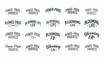 Set of Vintage Hand-Drawn Typographic Badges with 'Power Pride Progress' and 'Blooming Life' Text