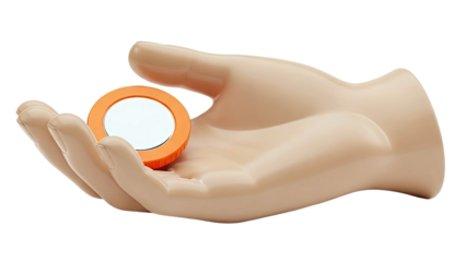 Hand holding an orange compact mirror