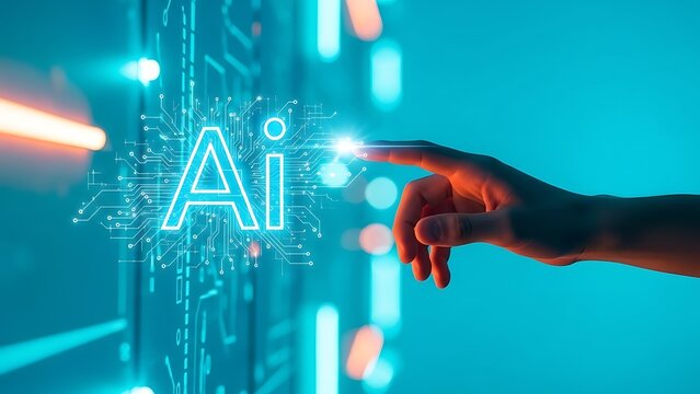 Hand interacting with glowing blue ai symbol on futuristic circuit board background