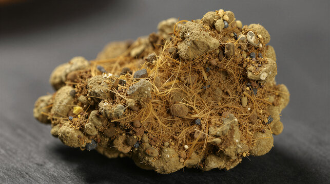 Macro close-up of fresh asafetida resin (hing) with yellow-brown crumbly texture and tangled fibrous filaments