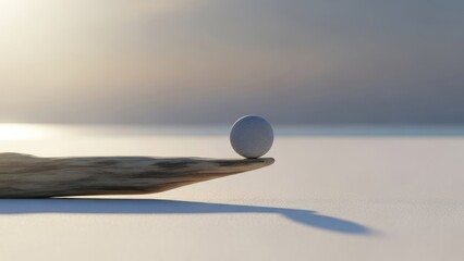 A small grey sphere precisely balanced on a weathered piece of wood, demonstrating perfect equilibrium in a tranquil, minimalist setting with soft, ambient light