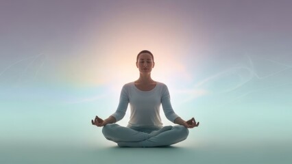 A serene figure in deep meditation, radiating tranquil energy and inner peace amidst a harmonious, ethereal glow, symbolizing mindfulness and spiritual well-being