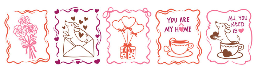 Set of five romantic hand-drawn frames with love quotes and hearts. Vector illustration for Valentine's Day, wedding, or anniversary