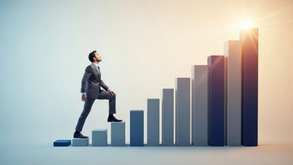 A visionary professional steadily climbing the steps of a growth bar graph, reaching for new heights and symbolizing the strategic pursuit of success, advancement, and future opportunities