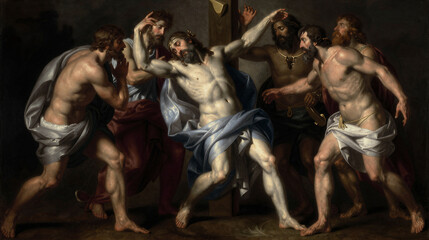 Descent from the Cross in dramatic chiaroscuro: muscular figures lift and lower Christ in a tense, dimly lit scene.