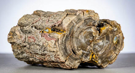 Pseudomorph of chalcedony after wood preserving original organic cellular textures in a silicified specimen.