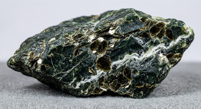 A collectible geological specimen of flaked brown phlogopite mica plates embedded in a dark green fine-grained serpentinite metamorphic rock matrix