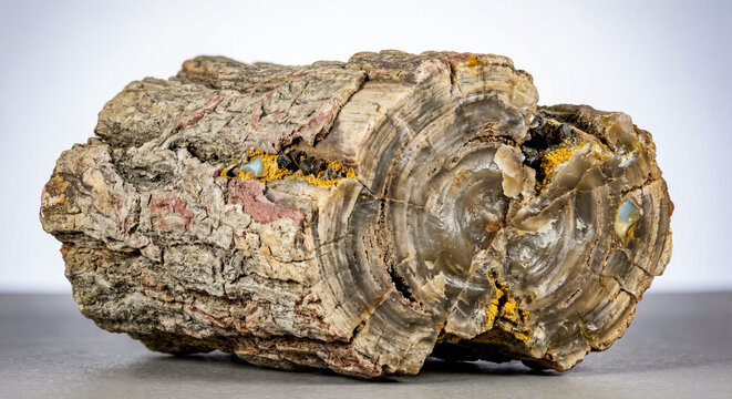Pseudomorph of chalcedony after wood preserving original organic cellular textures in a silicified specimen.