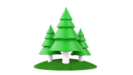 Three stylized green Christmas trees on a grass mound